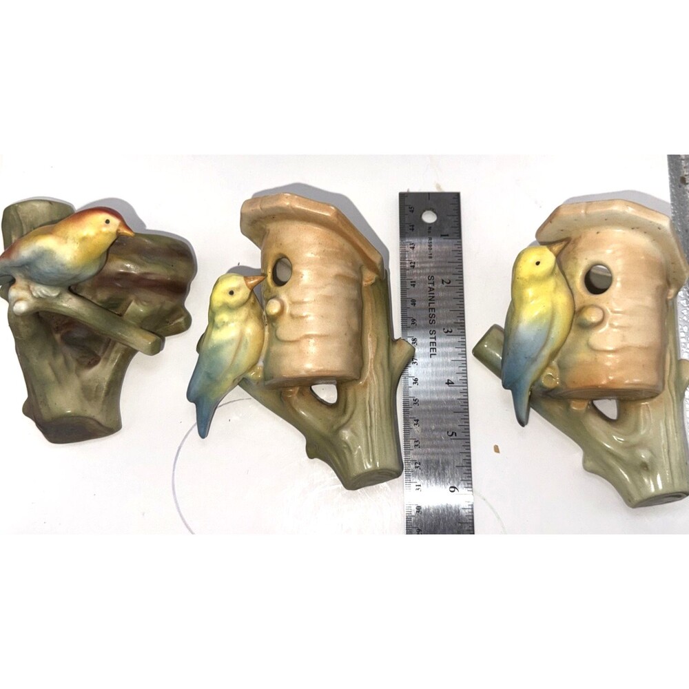 3 trio 1930’s Bird Theme Czechoslovakia Wall Pocket Vase Colorful Czech Ceramic - Picture 10 of 10